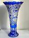 H49 Cm Colour / Cased Crystal Vase, Blue Cut To Clear Overlay Russia New