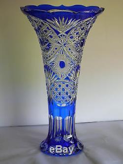 H49 cm Colour / Cased Crystal VASE, BLUE Cut to clear Overlay RUSSIA New