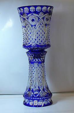 H64 cm Decorative Cased Crystal VASE, BLUE Cut to clear Overlay RUSSIA New