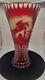 Hand Cut Bohemian Ruby Glass Vase With Etched Equestrian Scene. Signed