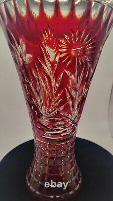 HAND CUT Bohemian Ruby Glass Vase With Etched Equestrian Scene. Signed