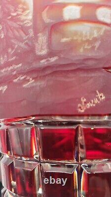 HAND CUT Bohemian Ruby Glass Vase With Etched Equestrian Scene. Signed