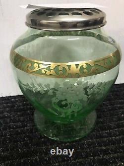 Hawkes Crystal Vase Cut Green Top With Flowers Frog & Leaves