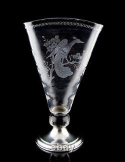 Hawkes Sterling Silver Fine Cut & Engraved Phoenix Bird Large Glass Vase 14