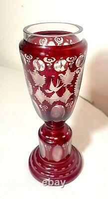 High quality handmade Moser cut to clear ruby red crystal glass etched vase