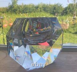 Hoya Cut Crystal Vase Signed by Japanese Artist Kyoichira Kawakami. Gem-Shaped