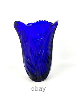 Huge Cobalt Blue Art Glass Cut Glass Vase Crystallina Poland 9-3/4 Saw Tooth