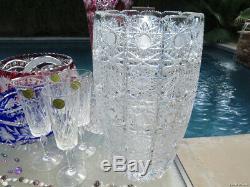 Huge Vintage Crystal Bohemian Glass Vase Czech Hand Cut Massive Heavy Old Rare