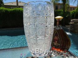 Huge Vintage Crystal Bohemian Glass Vase Czech Hand Cut Massive Heavy Old Rare