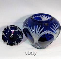 Hungarian Cobalt Blue 11 Hand Cut to Frosted Clear Lidded Jar