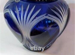 Hungarian Cobalt Blue 11 Hand Cut to Frosted Clear Lidded Jar