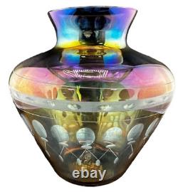 Imperial Glass Smoke Color Iridescent Lead Lustre Cut Glass Vase Balloons Decor