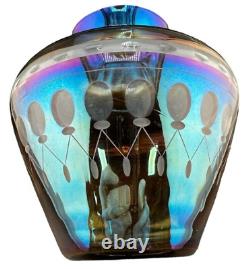 Imperial Glass Smoke Color Iridescent Lead Lustre Cut Glass Vase Balloons Decor
