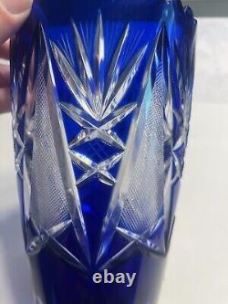 Imperlux Bohemian Cobalt Blue Cut To Clear Lead Crystal Glass Vase