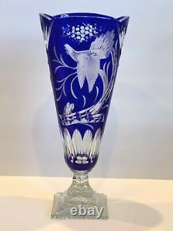Impressive 16.5 Bohemian Czech Imperlux Cobalt Cut to Clear Vase