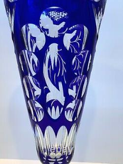 Impressive 16.5 Bohemian Czech Imperlux Cobalt Cut to Clear Vase