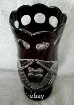 Impressive Collectible Large Dark Ruby Red Blown Glass Hand Cut-to-Clear Vase