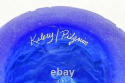 Kelsey Murphy Pilgrim Art Glass USA Signed Cameo Vase Blue 7-Cut Design