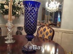 LARGE 21in DIAMOND CUT CRYSTAL VASE COBALT BLUE TO CLEAR TRULY MAGNIFICENT LOOK