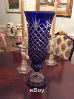 LARGE 21in DIAMOND CUT CRYSTAL VASE COBALT BLUE TO CLEAR TRULY MAGNIFICENT LOOK