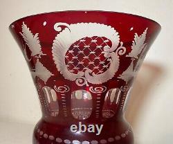 LARGE quality handmade Moser cut to clear ruby red crystal glass etched vase
