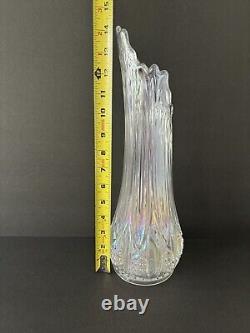 LE Smith Clear Iridescent Swung Vase Diamond Cut Pinched Base Carnival Glass 14