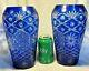 Lg Matching Pair Vtg Art Deco Bohemian Czech Cobalt Blue To Clear Cut Glass Vase