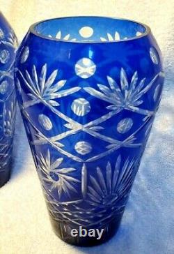 LG MATCHING PAIR VTG Art Deco Bohemian Czech Cobalt Blue to Clear Cut Glass Vase