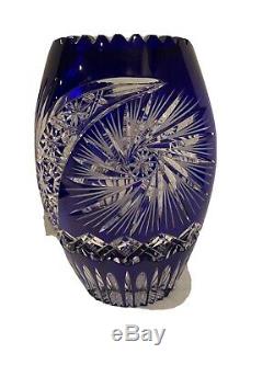 Large 10 German Cobalt Blue Cut to Clear 24% Lead Crystal Vase
