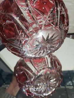 Large 7 Rose Bowl Globe Brilliant Cranberry Red/Pink Cut to clear Glass Crystal