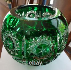 Large AJKA Bohemian Bellagio Green Hand Cut to Clear Lead Crystal Rose Bowl Vase