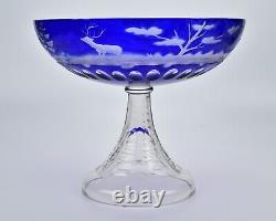 Large Antique Cobalt Blue Cut to Clear Overlay Glass Compote with Engraved Deer