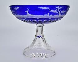 Large Antique Cobalt Blue Cut to Clear Overlay Glass Compote with Engraved Deer