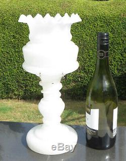Large Antique Victorian White Opaline Glass Lustre/Mantle Vase with Cut Drops