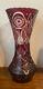 Large Antique Vintage Cranberry Cut To Clear Crystal Glass Vase, 15.25