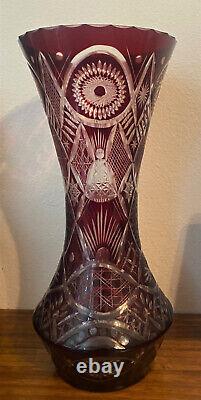 Large Antique Vintage Cranberry Cut to Clear Crystal Glass Vase, 15.25