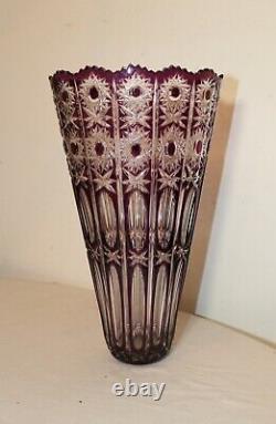 Large Bohemian vintage hand wheel cut to clear purple glass tall crystal vase