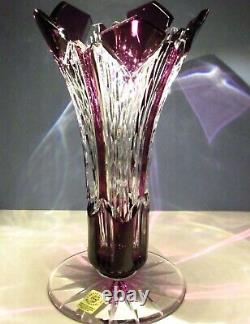 Large CAESAR CRYSTAL Purple Vase Hand Cut to Clear Overlay Czech Bohemia Cased