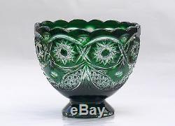 Large CRYSTAL BOWL /FRUIT VASE 21x24 cm GREEN Cut to clear overlay, RUSSIA, New
