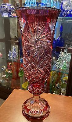 Large Cranberry Red cut to clear crystal glass bohemian AJKA star Vase 21