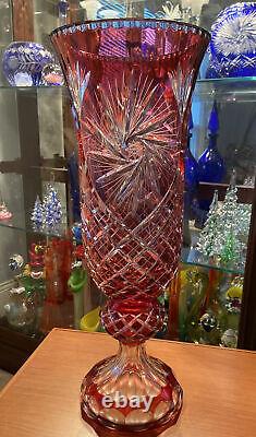 Large Cranberry Red cut to clear crystal glass bohemian AJKA star Vase 21