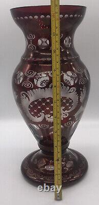 Large Egermann Czech Bohemian Etched Glass Ruby Red Cut To Clear 1ft+ Vase