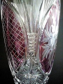 Large Hand Cut Lead Crystal Vase Vintage Cranberry Violet Amethyst Purple Pink