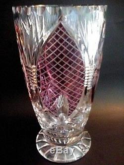 Large Hand Cut Lead Crystal Vase Vintage Cranberry Violet Amethyst Purple Pink