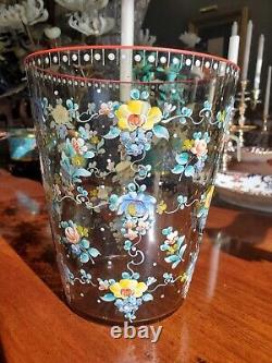 Large Moser Crystal Vase Bohemian Enameled Flowers Smoke Topaz Cut Glass Pontil