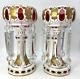 Large Pair Moser Overlay Mantle Lusters White Cut To Cranberry Hand Painted 14.5
