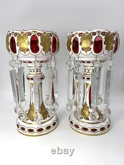 Large Pair Moser Overlay Mantle Lusters White Cut to Cranberry Hand Painted 14.5