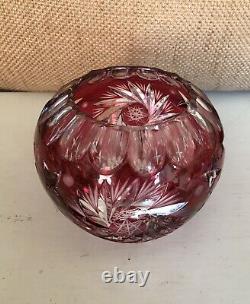 Large ROSE BOWL VASE Cranberry Red cut to clear crystal glass bohemian AJKA star