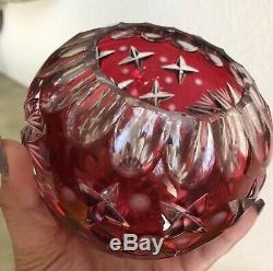 Large ROSE BOWL VASE Cranberry Red cut to clear crystal glass bohemian AJKA star