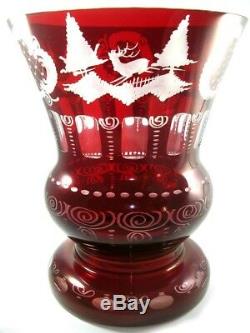 Large Vintage Bohemian Cut To Clear Ruby Red Glass Pedestal Vase by Egermann